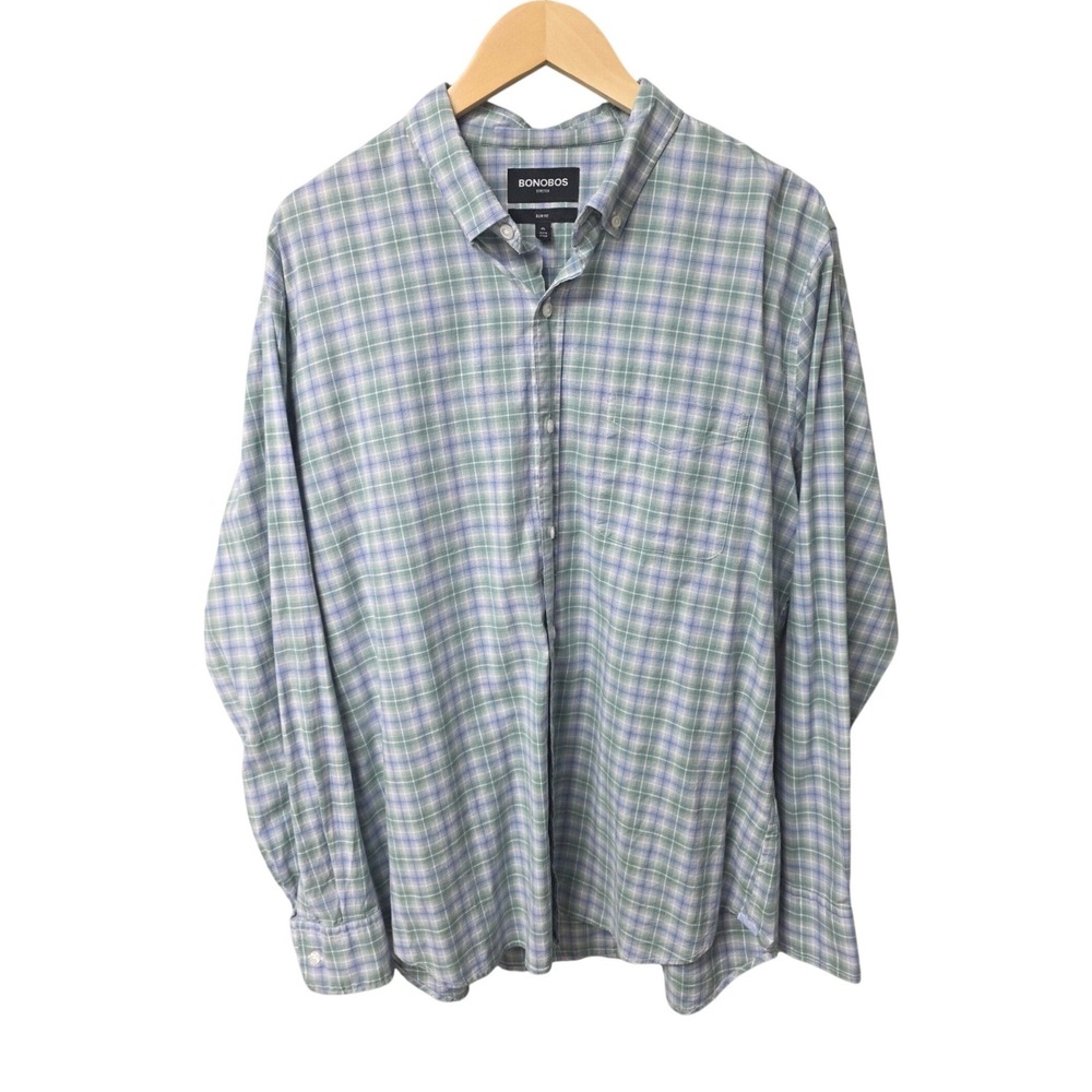 Bonobos Button Down Men XL Green Blue Plaid Slim Fit Stretch Long Sleeve Shirt
